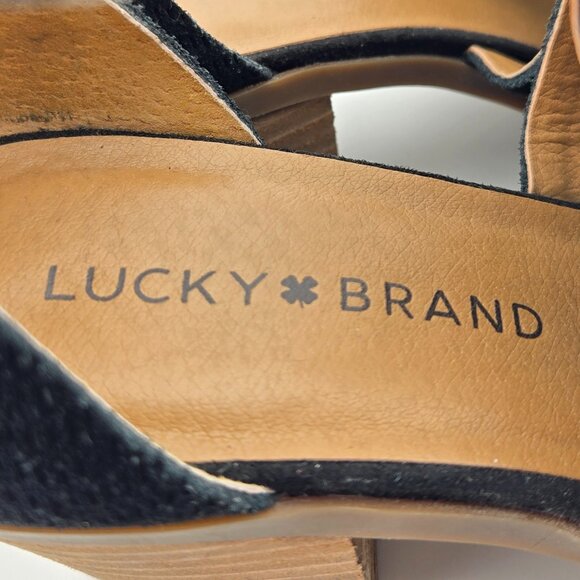 Lucky Brand Baxley Black Suede Bootie Sandals | Size 7M Peep Toe Ankle Strap - Picture 8 of 13